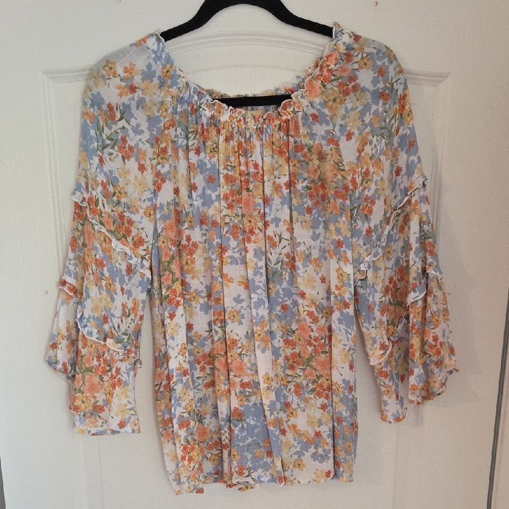 Floral Print Ruffle Sleeve Blouse Sz Large